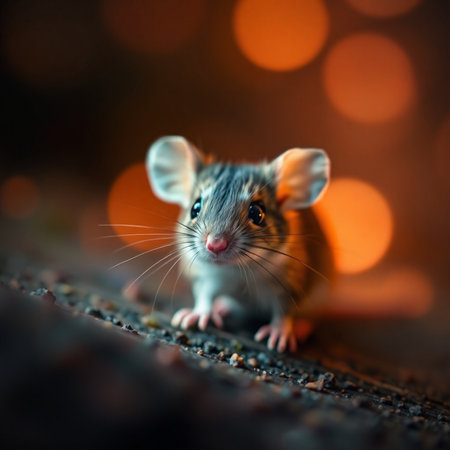 Cute little mouse on a background of bokeh lights.の素材