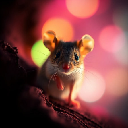 Cute little mouse on a background of colorful bokeh.の素材
