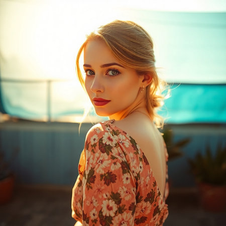Beautiful young woman with blond hair and red lips in floral dress posing outdoor.の素材