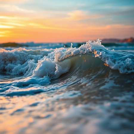 Beautiful seascape with waves at sunset. Natural background.の素材