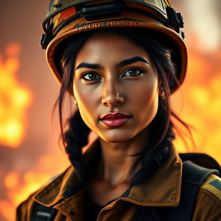 Portrait of a beautiful woman firefighter in uniform and helmet on fire background.の素材