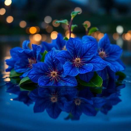 Beautiful blue flowers on a dark background with bokeh.の素材