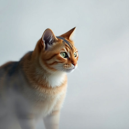 Beautiful ginger cat with green eyes on a gray background. Close-upの素材