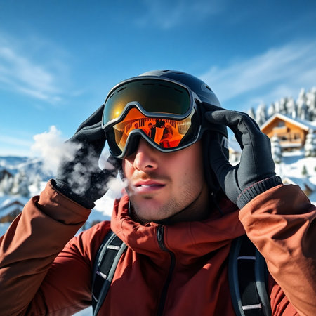 Portrait of a young man in a ski suit and helmet smoking an electronic cigarette on the background of the mountains.の素材