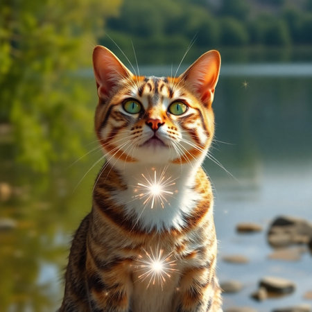Cute cat with sparkler on the background of lake and forestの素材
