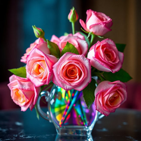 Bouquet of pink roses in a vase on the tableの素材