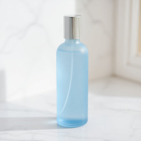 Cosmetic bottle on white marble countertop with copy space in bathroomの素材
