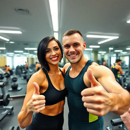 sport, fitness, lifestyle and people concept - smiling couple showing thumbs up in gymの素材