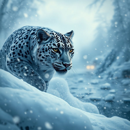 Snow leopard in the forest. Wildlife scene. 3d renderingの素材