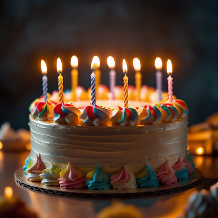Birthday cake with burning candles on a dark background. Toned.の素材