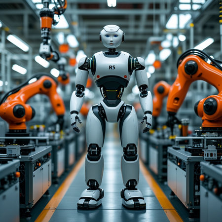 3d rendering humanoid robot working in industrial robot factory production line.の素材