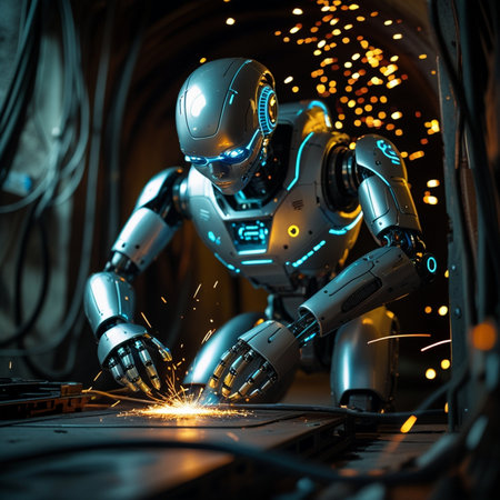 Robot welding metal with sparks on dark background. 3d renderingの素材
