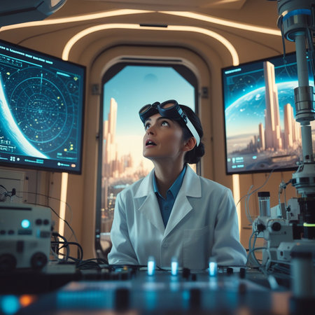 Portrait of a female pilot wearing virtual reality goggles in a control roomの素材