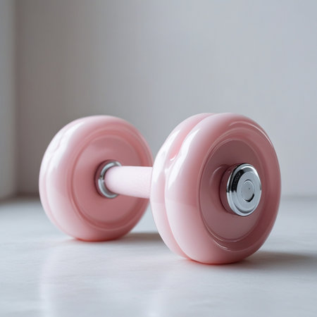 Two pink dumbbells on a white background. Fitness concept.の素材