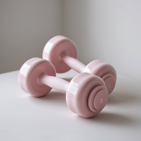 Two pink dumbbells on a white table. Fitness concept.の素材