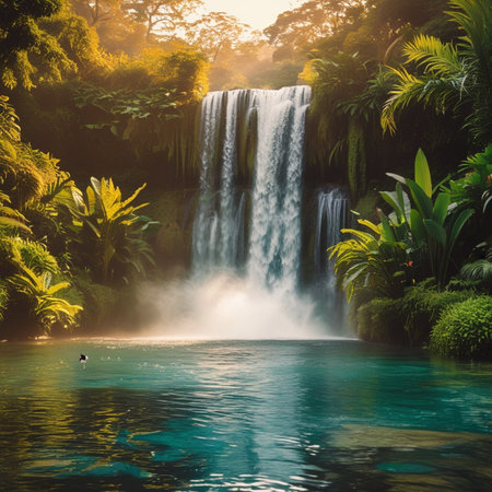 Beautiful waterfall in the tropical forest at sunset. Travel concept.の素材