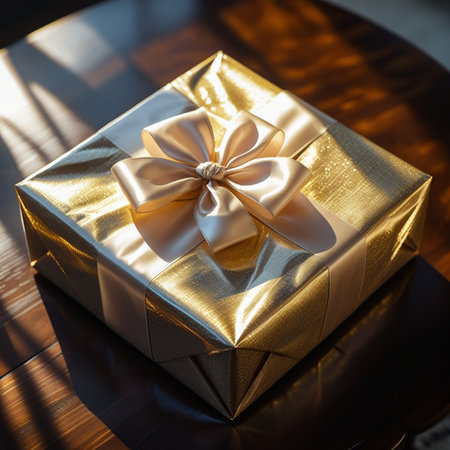 Gift box with gold ribbon and bow on wooden table, closeupの素材