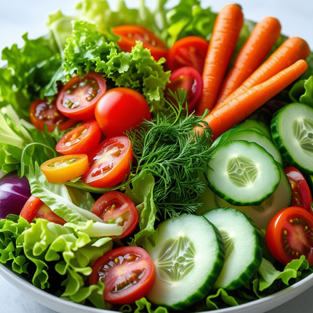 Vegetable salad in a bowl with tomatoes, cucumbers, carrots and lettuce.の素材
