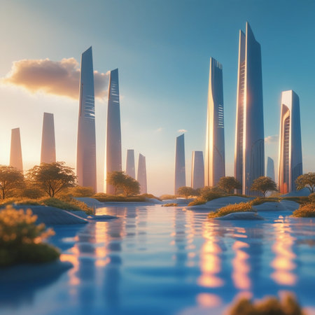 Skyscrapers in the city at sunset. 3d renderingの素材