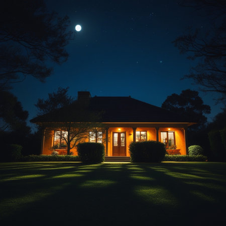 Luxury house at night with full moon and green grass.の素材