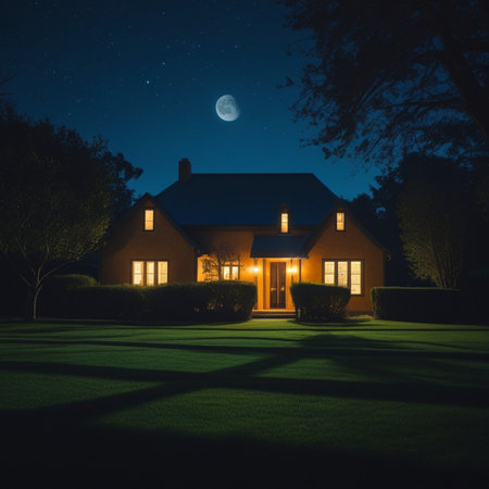 Night view of a beautiful house in the garden with a full moonの素材