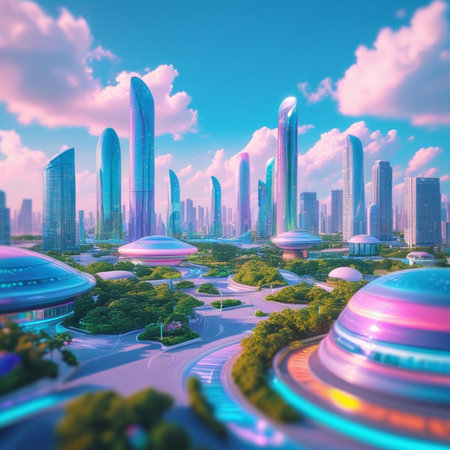 3D render of futuristic city with skyscrapers and buildings.の素材