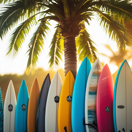 Surfboards on the beach with palm trees and sunset background.の素材