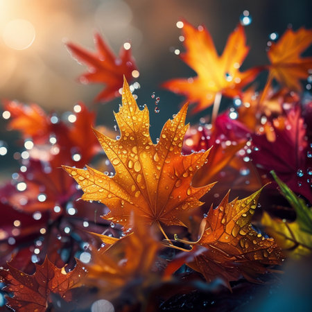 Autumn maple leaves with dew drops on bokeh backgroundの素材