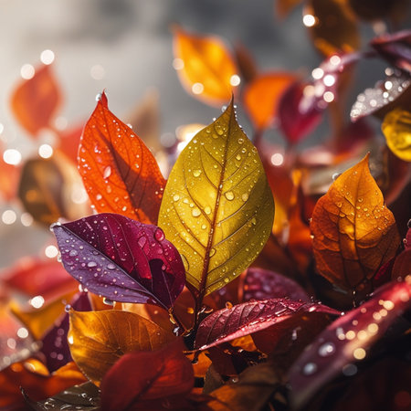 Colorful autumn leaves with water drops. Natural background. Selective focusの素材