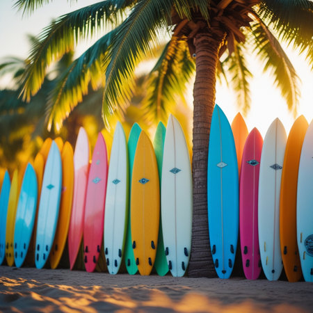 Surfboards on the beach with palm trees in the background.の素材