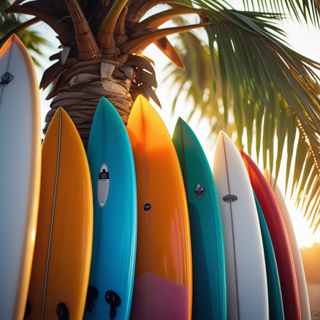 Colorful surfboards on the beach with palm tree at sunset.の素材