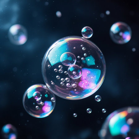 Soap bubbles with reflection on black background. 3D illustration.の素材