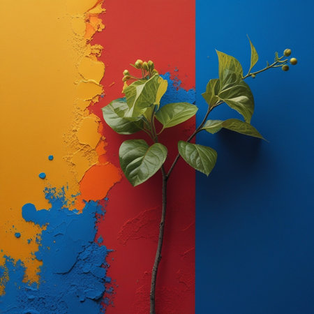 Creative layout made of green leaves on blue and orange background.の素材