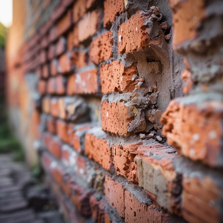 Old brick wall with peeling plaster, close-up view.の素材