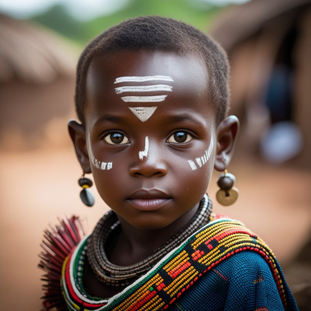 Unidentified Ghanaian little girl in national clothes. Children of Ghana suffer from poverty due to the economic situationの素材