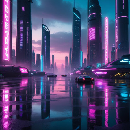 Futuristic city at night with illuminated skyscrapers. 3d renderingの素材