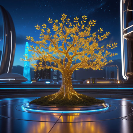 3D rendering of a golden tree in the city at night.の素材