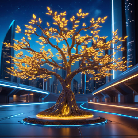 3d rendering of a tree in the middle of a city at nightの素材