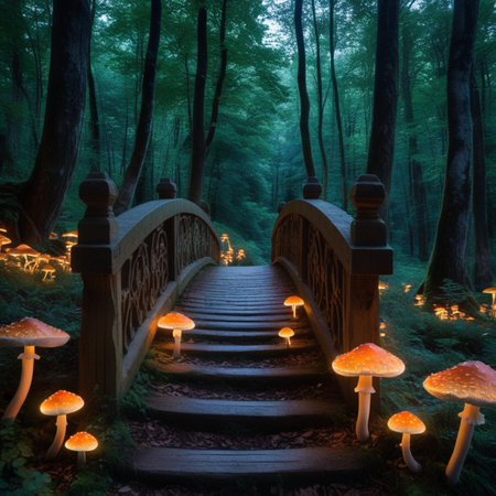 Wooden bridge in the forest with mushrooms illuminated by lanterns.の素材