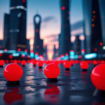 Red balls on the background of the modern city. 3d renderingの素材