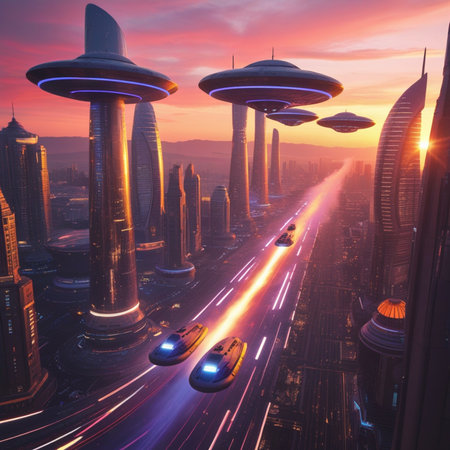 Futuristic city with fast moving cars at sunset. 3d renderingの素材