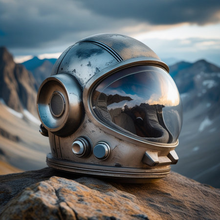 Astronaut helmet on the summit of a mountain. Extreme sport.の素材