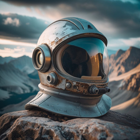 Astronaut helmet on a rock against the background of mountains.の素材
