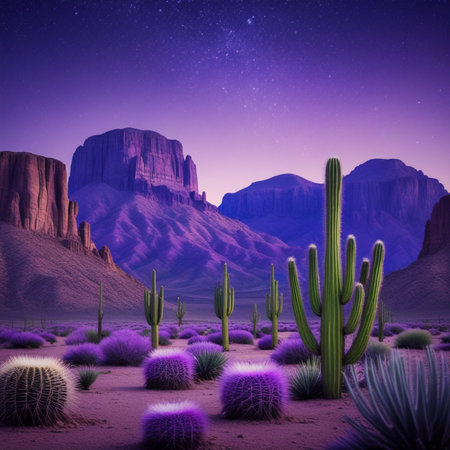 Desert landscape with cactuses and mountains at night, USAの素材