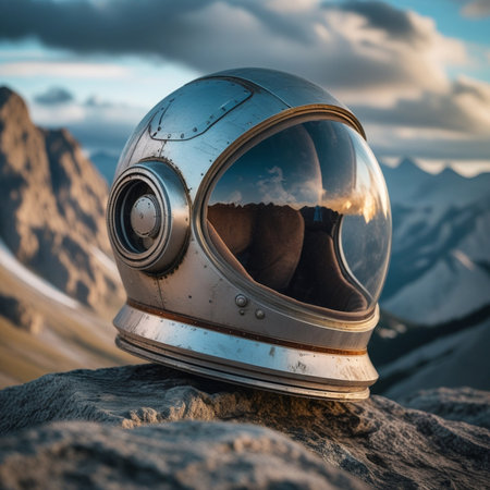 Astronaut helmet on the mountain peak. Extreme sport concept.の素材