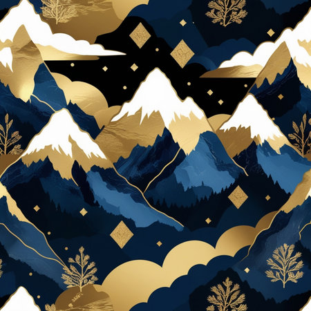 Seamless pattern with mountains, forest and snowflakes.の素材