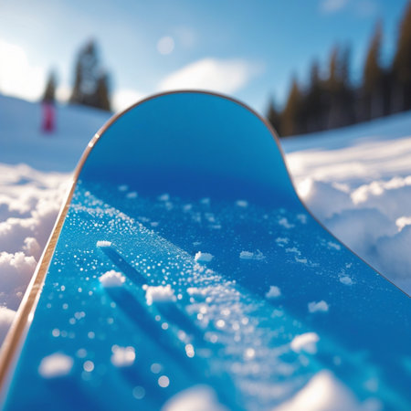 Close up of snowboard on ski slope. Winter sport background.の素材
