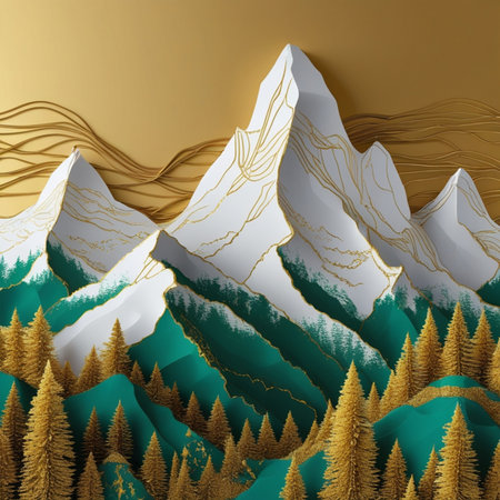 Mountain landscape with fir trees and golden mountains. 3D illustrationの素材