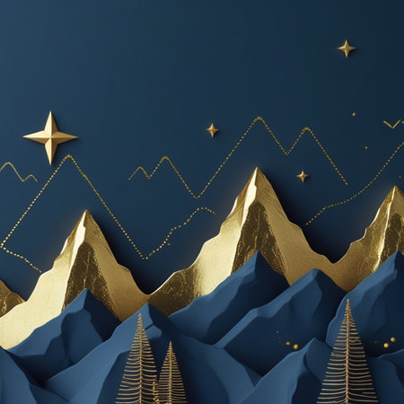 Abstract blue and gold mountain background with golden star and tree. 3D Renderingの素材