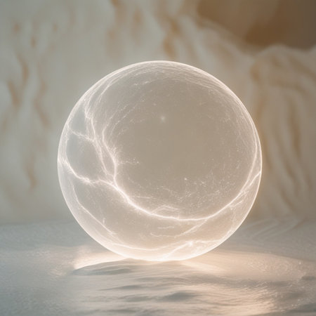 3d rendering of a crystal ball on a white background, illuminated by the rays of the sunの素材